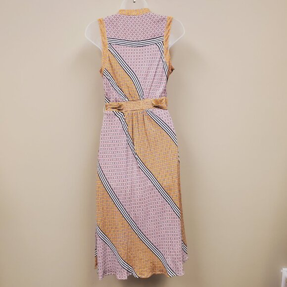Anthropologie Maeve Midi Dress 4P Carla Yellow Geometric Midi Wrap Tie Waist - Picture 7 of 11